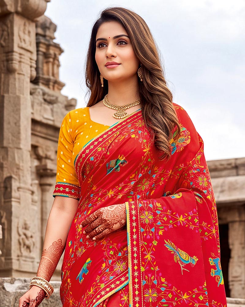 Vishal Prints Dark Cherry Red Designer Fancy Chiffon Traditional Print Saree With Foil Print And Border