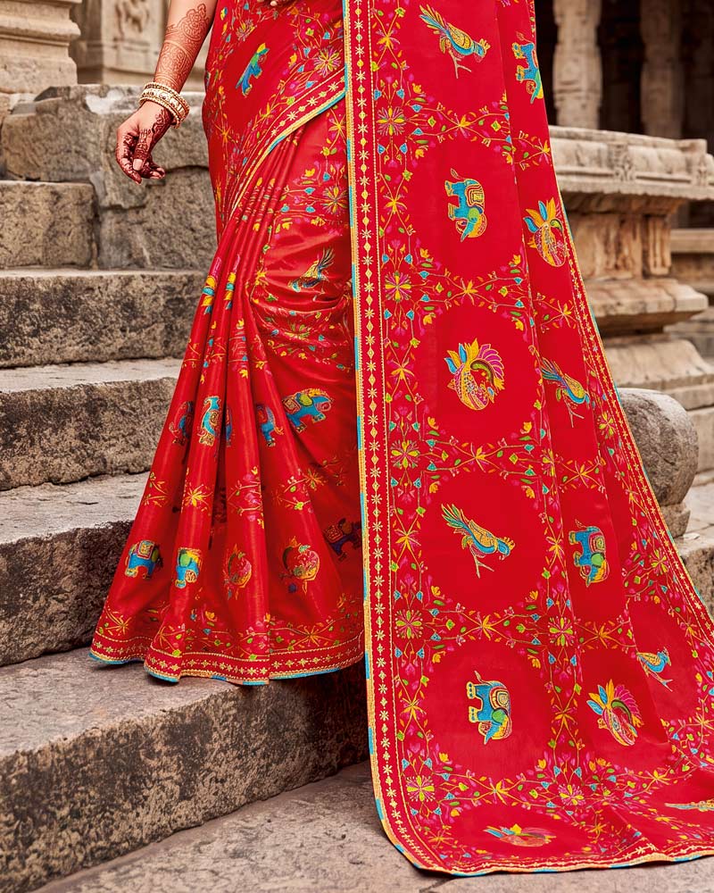 Vishal Prints Dark Cherry Red Designer Fancy Chiffon Traditional Print Saree With Foil Print And Border