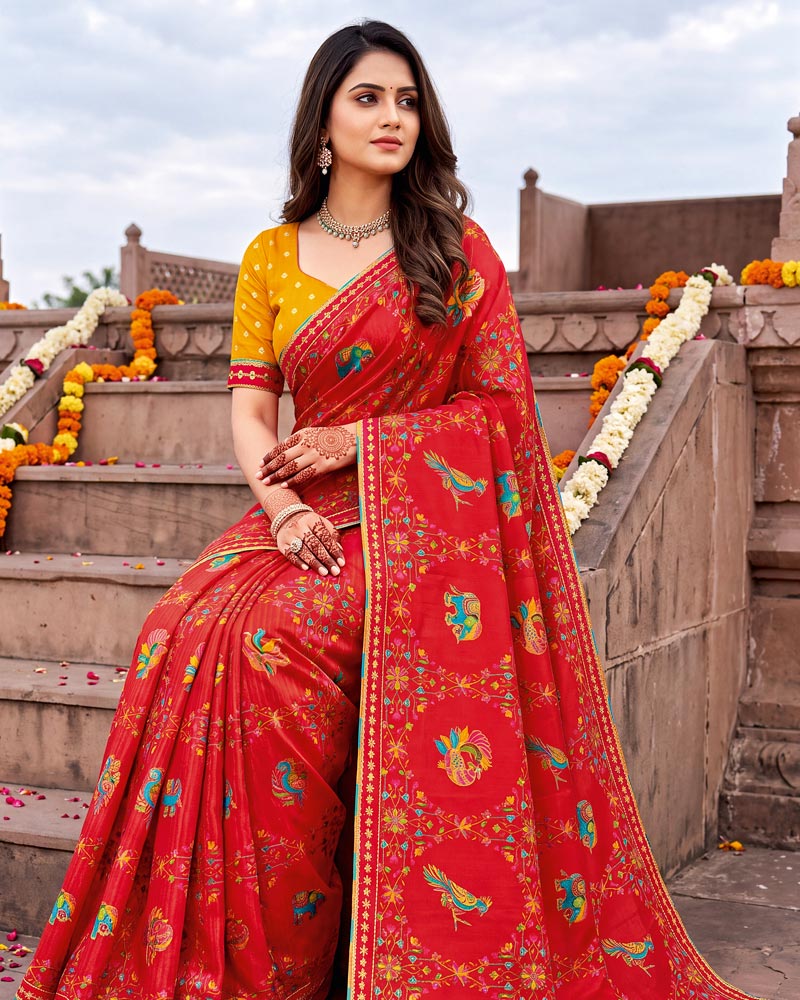 Vishal Prints Dark Cherry Red Designer Fancy Chiffon Traditional Print Saree With Foil Print And Border