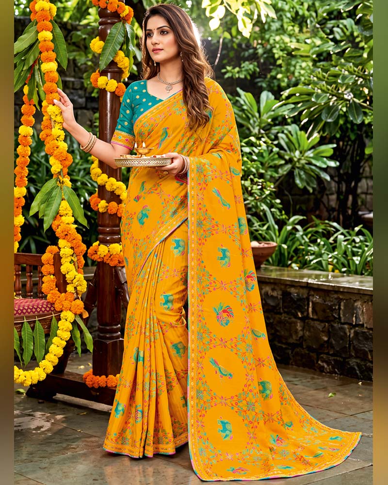 Vishal Prints Yellowish Orange Designer Fancy Chiffon Traditional Print Saree With Foil Print And Border