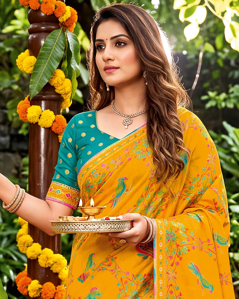 Vishal Prints Yellowish Orange Designer Fancy Chiffon Traditional Print Saree With Foil Print And Border
