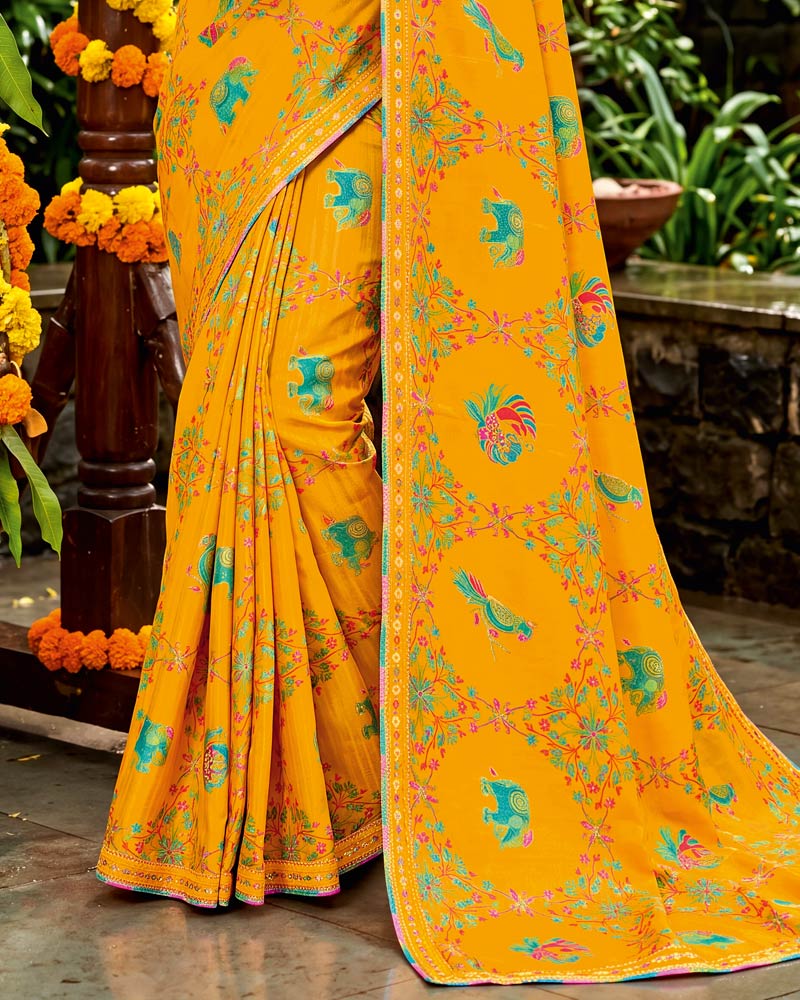 Vishal Prints Yellowish Orange Designer Fancy Chiffon Traditional Print Saree With Foil Print And Border