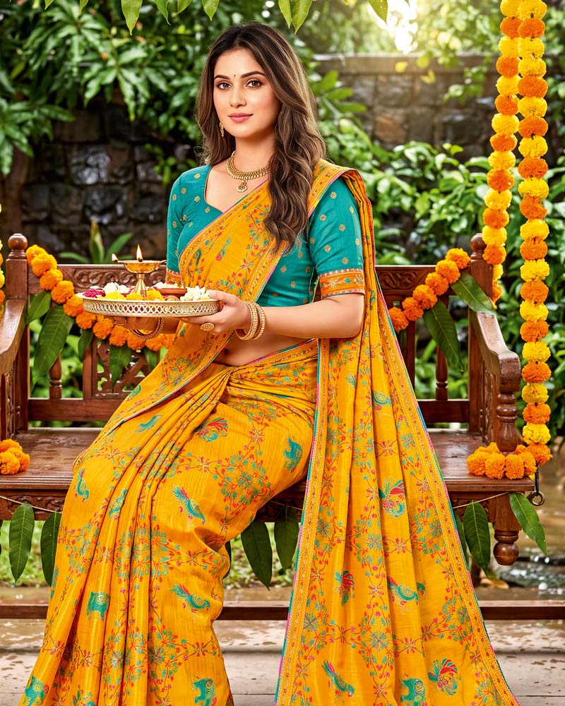 Vishal Prints Yellowish Orange Designer Fancy Chiffon Traditional Print Saree With Foil Print And Border