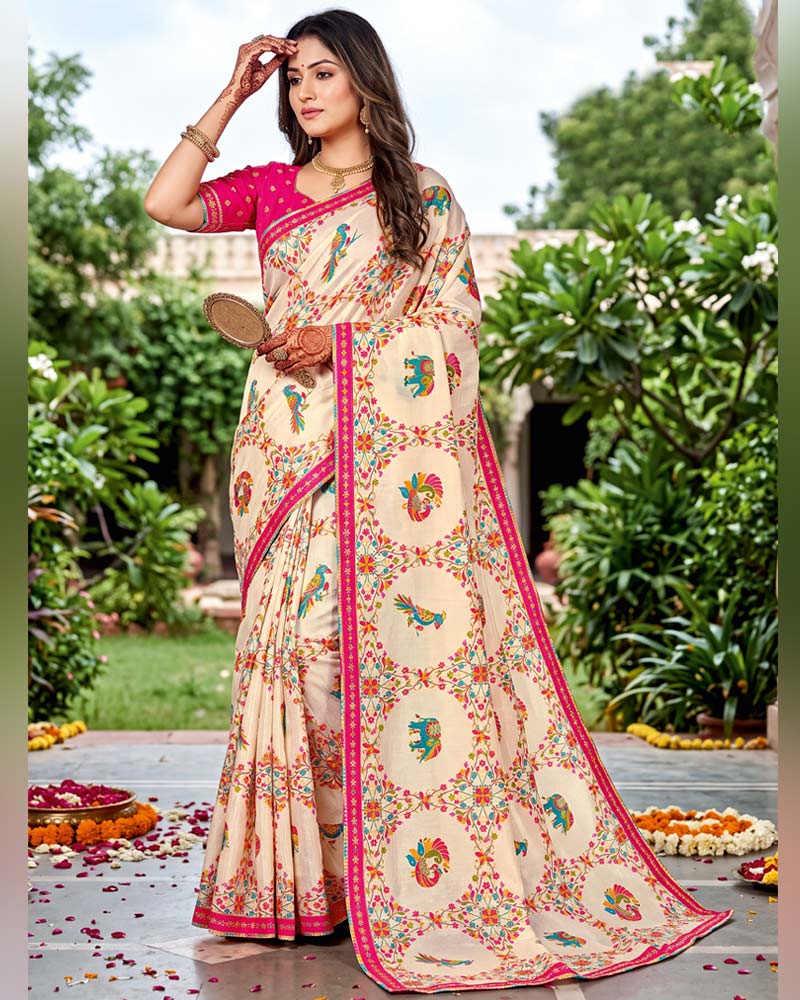 Vishal Prints Creamy Spanish White Designer Fancy Chiffon Traditional Print Saree With Foil Print And Border