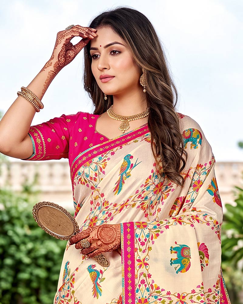 Vishal Prints Creamy Spanish White Designer Fancy Chiffon Traditional Print Saree With Foil Print And Border