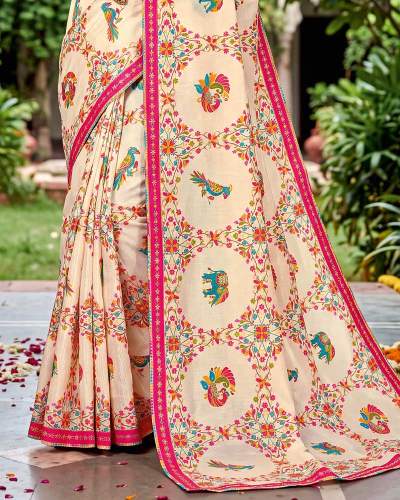 Vishal Prints Creamy Spanish White Designer Fancy Chiffon Traditional Print Saree With Foil Print And Border