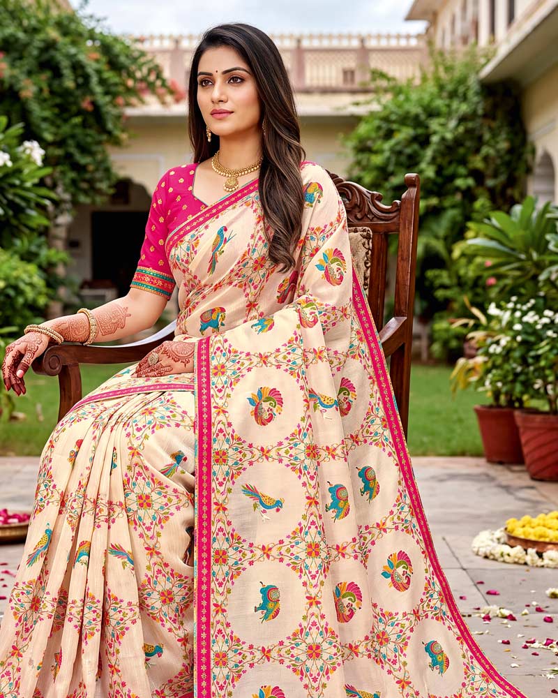 Vishal Prints Creamy Spanish White Designer Fancy Chiffon Traditional Print Saree With Foil Print And Border