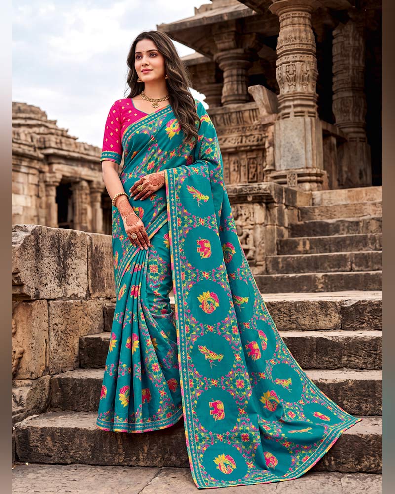 Vishal Prints Ocean Blue Designer Fancy Chiffon Traditional Print Saree With Foil Print And Border