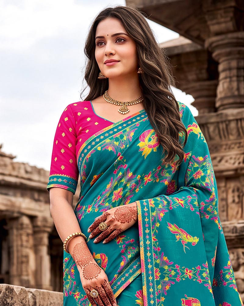 Vishal Prints Ocean Blue Designer Fancy Chiffon Traditional Print Saree With Foil Print And Border
