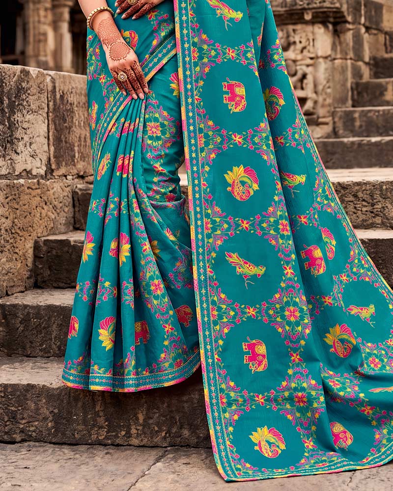 Vishal Prints Ocean Blue Designer Fancy Chiffon Traditional Print Saree With Foil Print And Border
