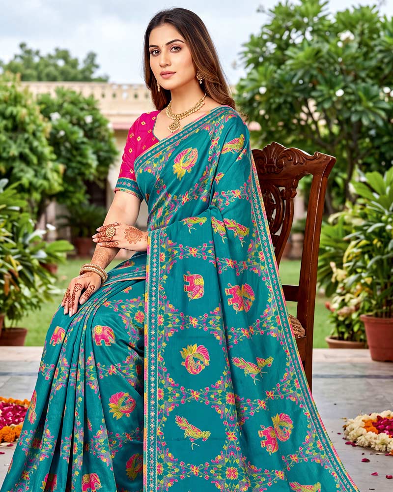 Vishal Prints Ocean Blue Designer Fancy Chiffon Traditional Print Saree With Foil Print And Border