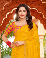 Vishal Prints Yellow Orange Designer Patterned Chiffon Saree With Foil Print And Cut Work Embroidery Border