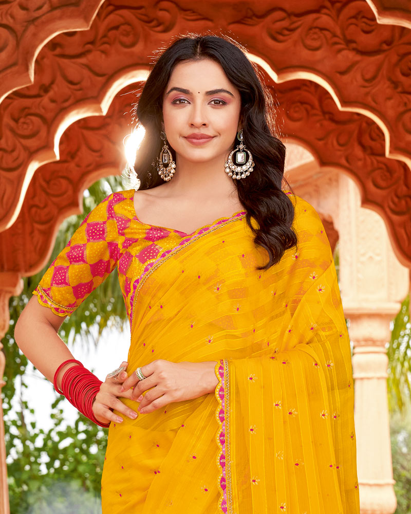 Vishal Prints Yellow Orange Designer Patterned Chiffon Saree With Foil Print And Cut Work Embroidery Border