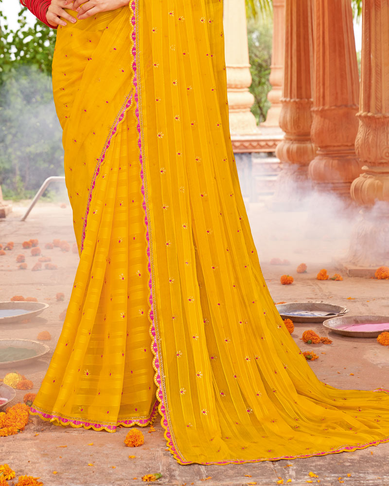 Vishal Prints Yellow Orange Designer Patterned Chiffon Saree With Foil Print And Cut Work Embroidery Border