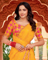Vishal Prints Yellow Orange Designer Patterned Chiffon Saree With Foil Print And Cut Work Embroidery Border