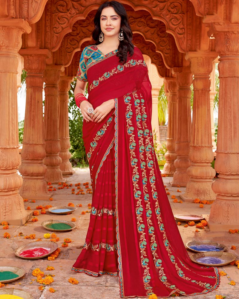 Vishal Prints Shiraz Red Designer Patterned Chiffon Saree With Embroidery-Diamond Work And Cut Border