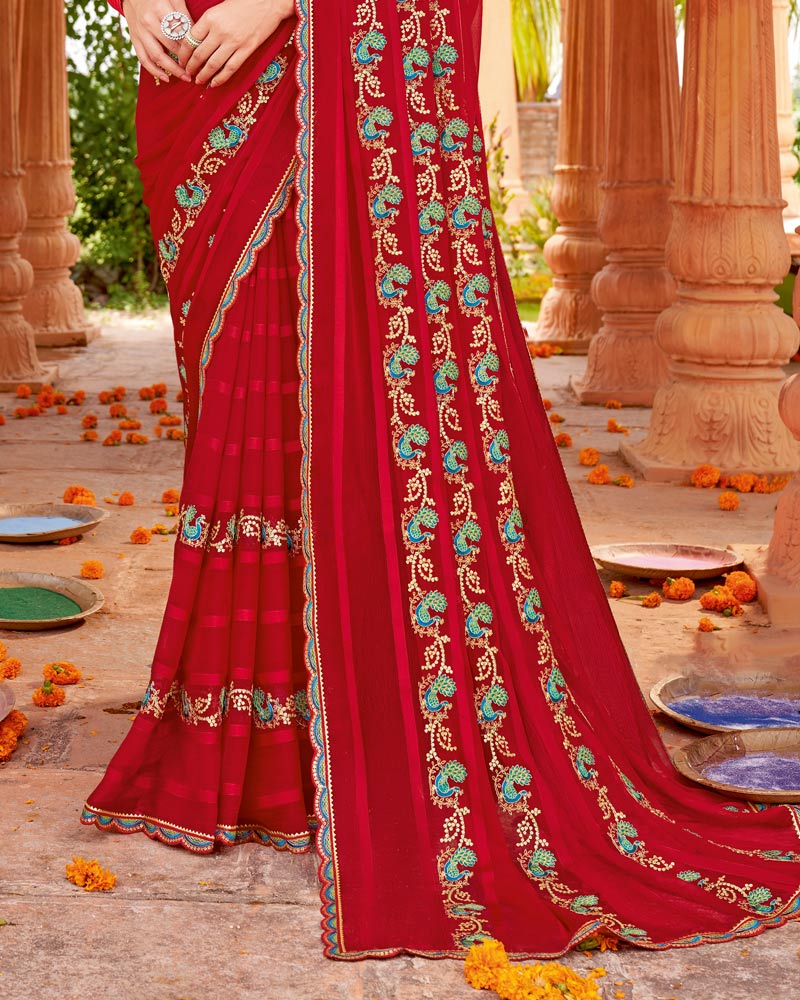 Vishal Prints Shiraz Red Designer Patterned Chiffon Saree With Embroidery-Diamond Work And Cut Border