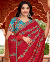 Vishal Prints Shiraz Red Designer Patterned Chiffon Saree With Embroidery-Diamond Work And Cut Border