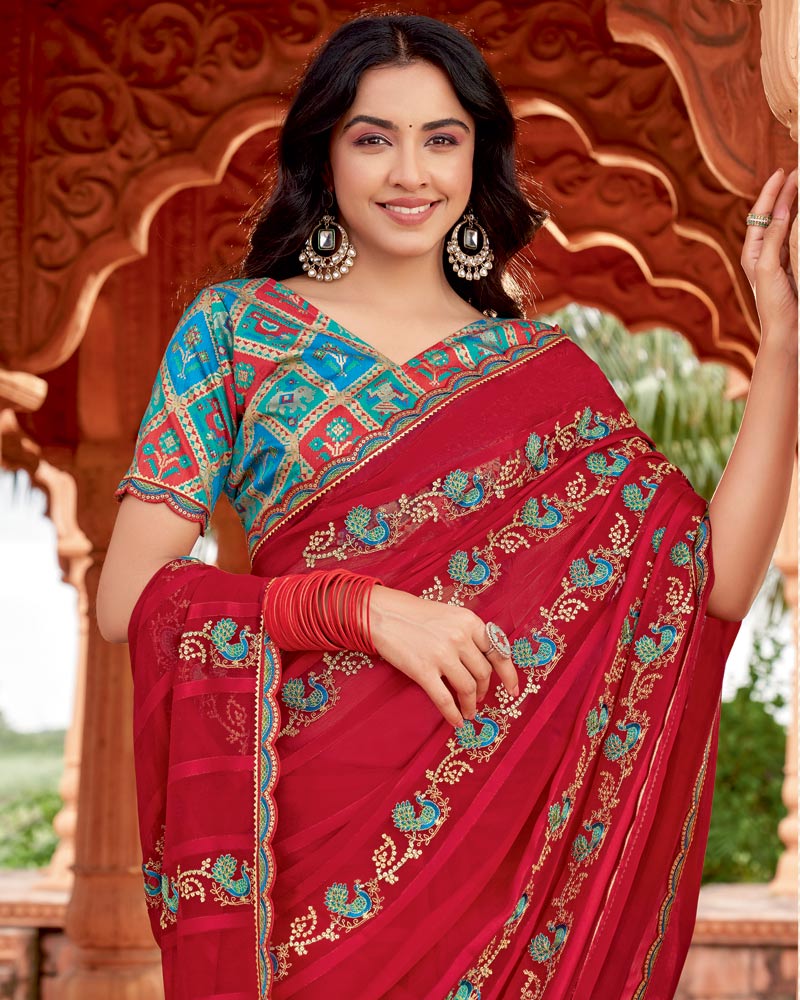 Vishal Prints Shiraz Red Designer Patterned Chiffon Saree With Embroidery-Diamond Work And Cut Border