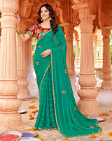 Vishal Prints Pine Green Designer Patterned Chiffon Saree With Embroidery-Diamond Work And Cut Border
