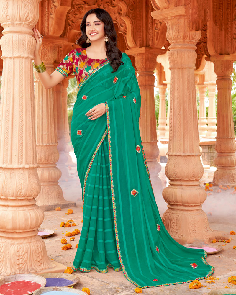 Vishal Prints Pine Green Designer Patterned Chiffon Saree With Embroidery-Diamond Work And Cut Border