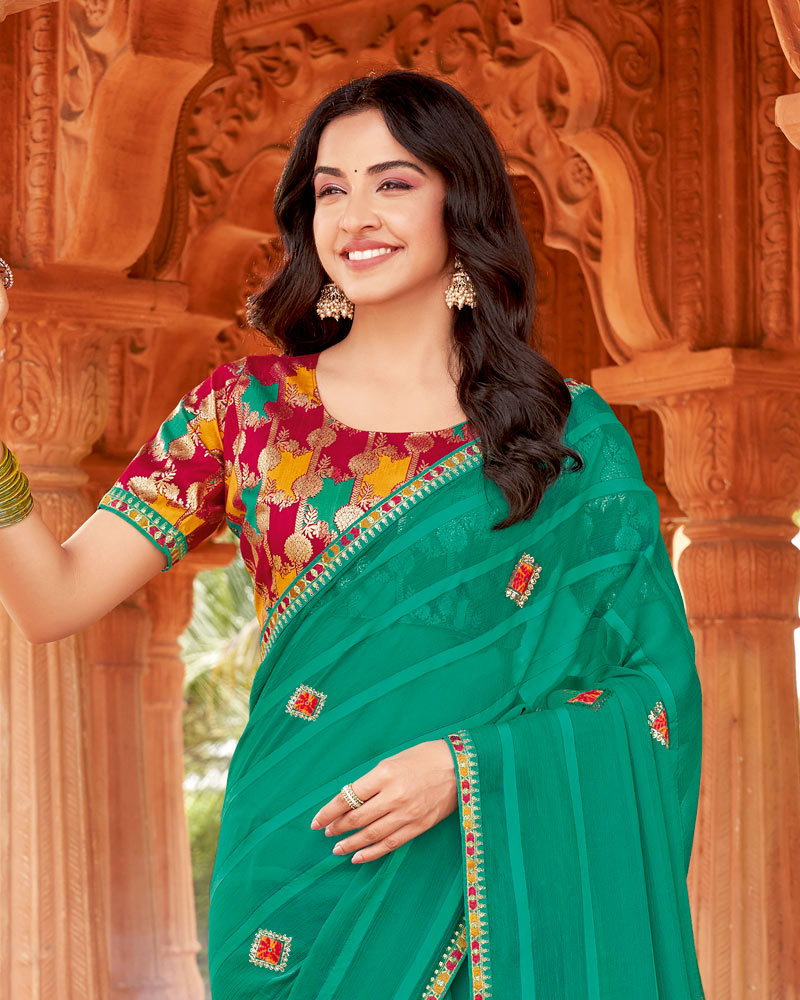 Vishal Prints Pine Green Designer Patterned Chiffon Saree With Embroidery-Diamond Work And Cut Border