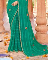 Vishal Prints Pine Green Designer Patterned Chiffon Saree With Embroidery-Diamond Work And Cut Border
