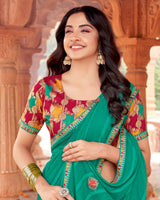 Vishal Prints Pine Green Designer Patterned Chiffon Saree With Embroidery-Diamond Work And Cut Border