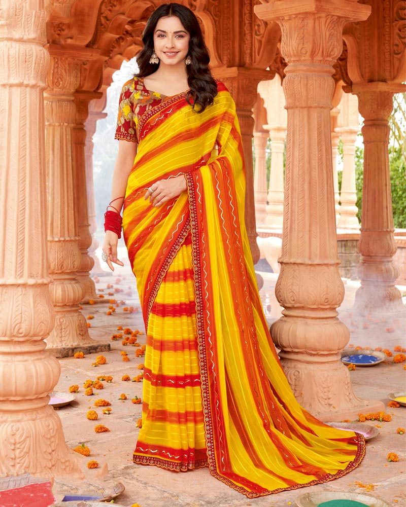 Vishal Prints Burnt Yellow And Rusty Red Designer Patterned Chiffon Saree With Embellishment And Cut Work Embroidery Border