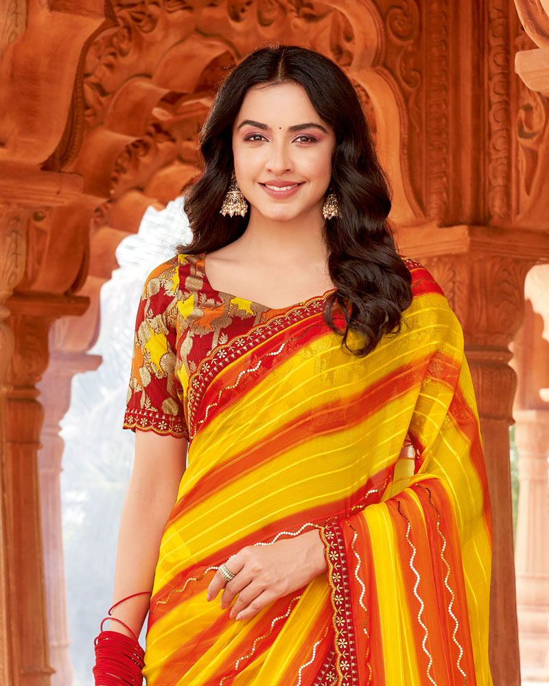 Vishal Prints Burnt Yellow And Rusty Red Designer Patterned Chiffon Saree With Embellishment And Cut Work Embroidery Border