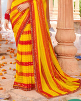 Vishal Prints Burnt Yellow And Rusty Red Designer Patterned Chiffon Saree With Embellishment And Cut Work Embroidery Border