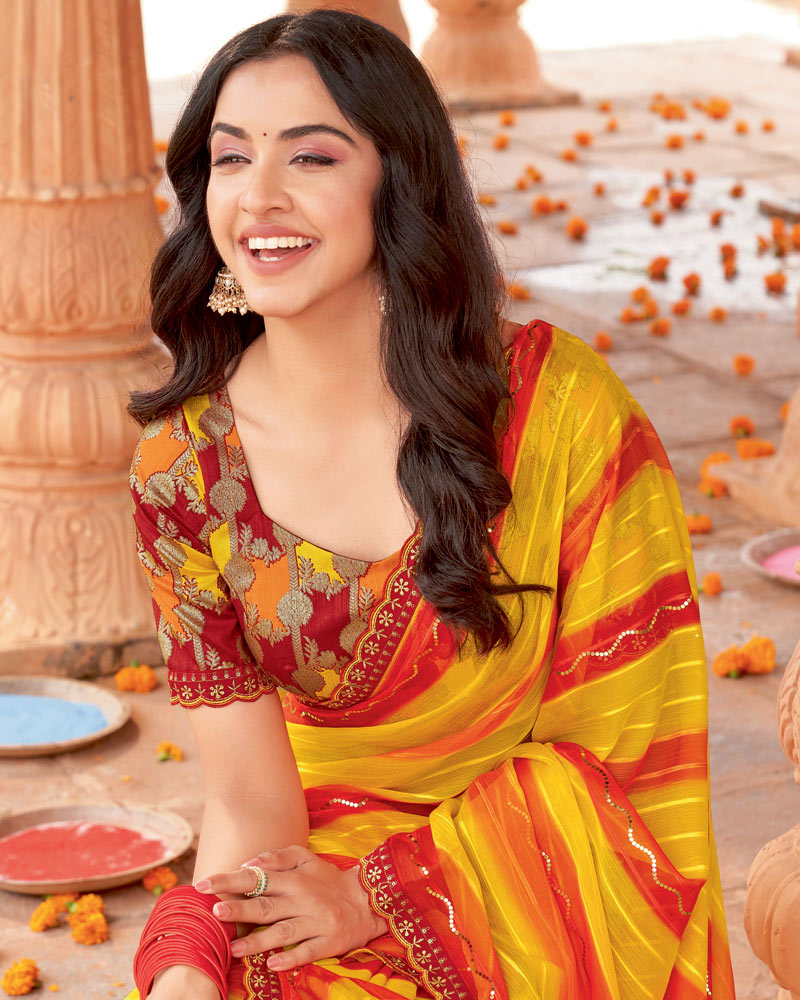 Vishal Prints Burnt Yellow And Rusty Red Designer Patterned Chiffon Saree With Embellishment And Cut Work Embroidery Border