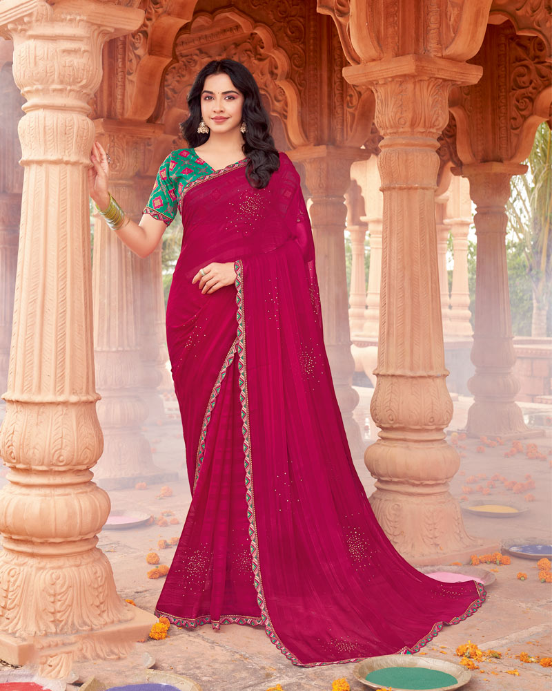 Vishal Prints Purplish Red Designer Patterned Chiffon Saree With Diamond Work And Fancy Border