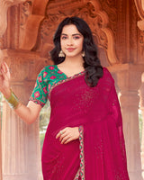 Vishal Prints Purplish Red Designer Patterned Chiffon Saree With Diamond Work And Fancy Border
