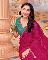 Vishal Prints Purplish Red Designer Patterned Chiffon Saree With Diamond Work And Fancy Border