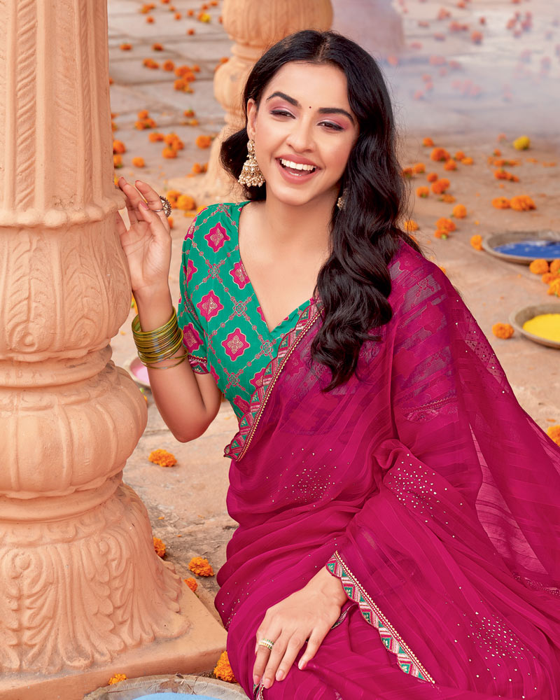 Vishal Prints Purplish Red Designer Patterned Chiffon Saree With Diamond Work And Fancy Border