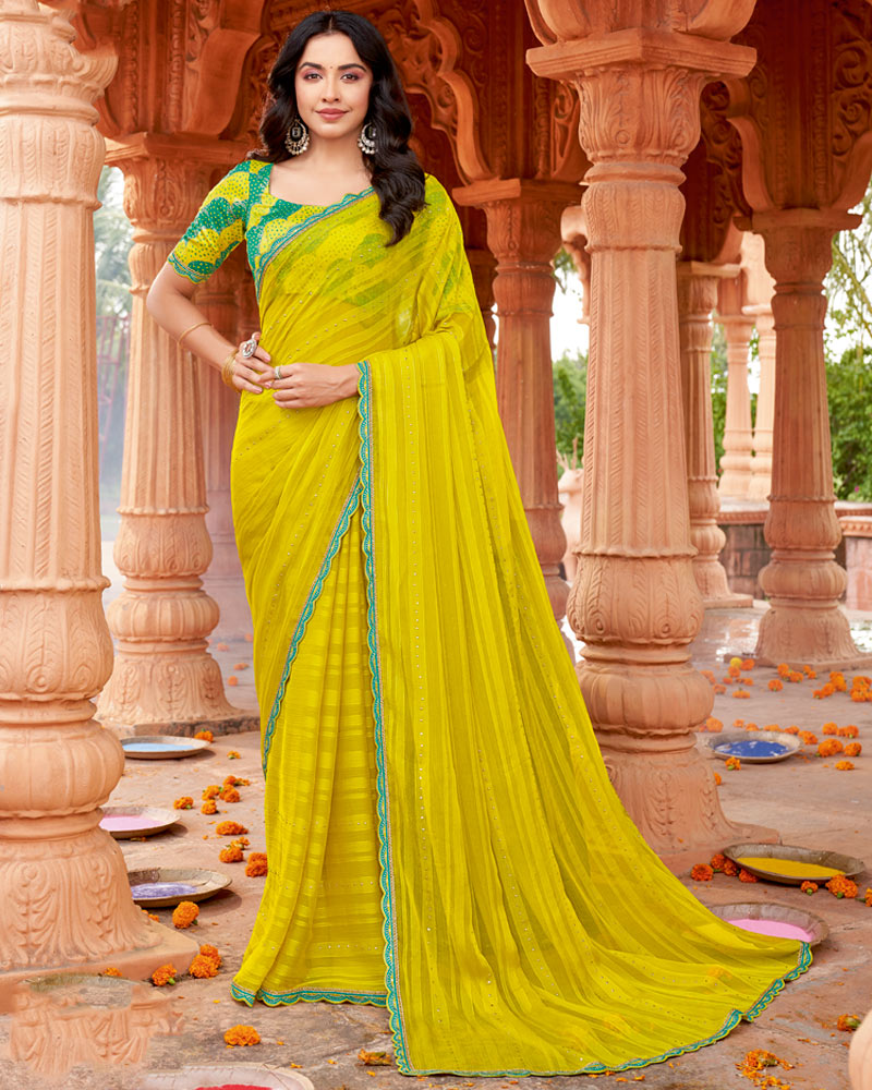 Vishal Prints Mustard Yellow Designer Patterned Chiffon Saree With Embellishment And Cut Work Embroidery Border