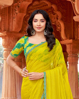 Vishal Prints Mustard Yellow Designer Patterned Chiffon Saree With Embellishment And Cut Work Embroidery Border