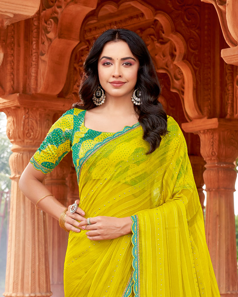 Vishal Prints Mustard Yellow Designer Patterned Chiffon Saree With Embellishment And Cut Work Embroidery Border