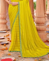 Vishal Prints Mustard Yellow Designer Patterned Chiffon Saree With Embellishment And Cut Work Embroidery Border