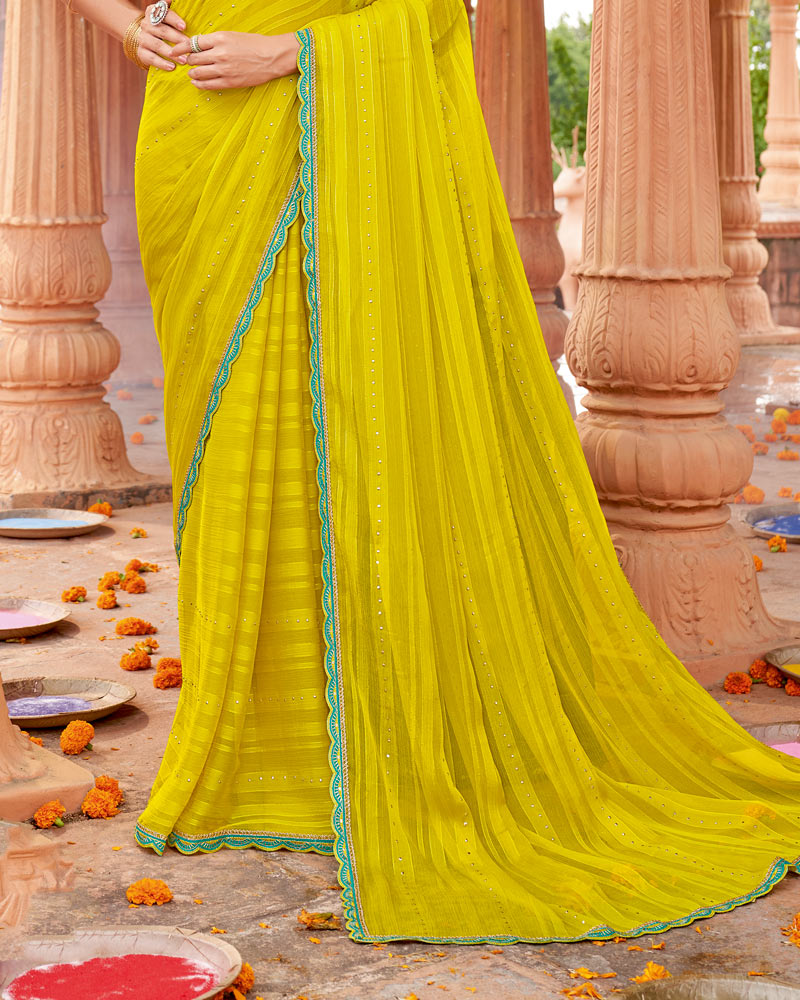 Vishal Prints Mustard Yellow Designer Patterned Chiffon Saree With Embellishment And Cut Work Embroidery Border