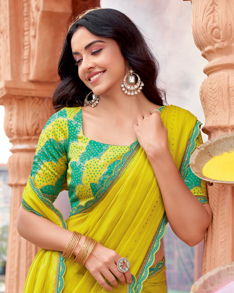 Vishal Prints Mustard Yellow Designer Patterned Chiffon Saree With Embellishment And Cut Work Embroidery Border