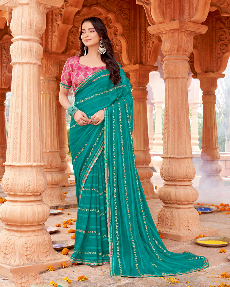 Vishal Prints Persian Green Designer Patterned Chiffon Saree With Embroidery-Diamond Work And Cut Border
