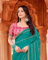 Vishal Prints Persian Green Designer Patterned Chiffon Saree With Embroidery-Diamond Work And Cut Border