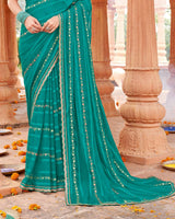 Vishal Prints Persian Green Designer Patterned Chiffon Saree With Embroidery-Diamond Work And Cut Border