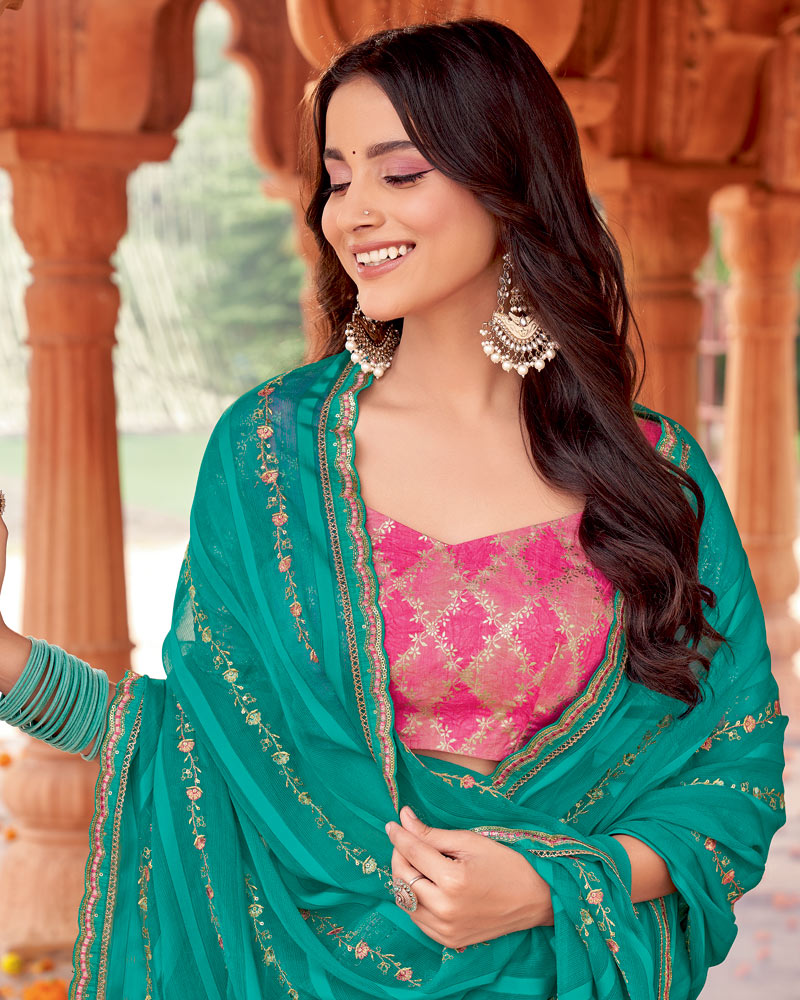 Vishal Prints Persian Green Designer Patterned Chiffon Saree With Embroidery-Diamond Work And Cut Border