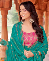Vishal Prints Persian Green Designer Patterned Chiffon Saree With Embroidery-Diamond Work And Cut Border