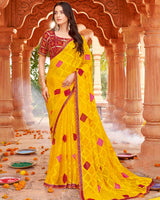 Vishal Prints Orangey Yellow Designer Patterned Chiffon Saree With Diamond Work And Cut Work Border