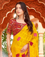 Vishal Prints Orangey Yellow Designer Patterned Chiffon Saree With Diamond Work And Cut Work Border