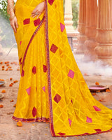 Vishal Prints Orangey Yellow Designer Patterned Chiffon Saree With Diamond Work And Cut Work Border